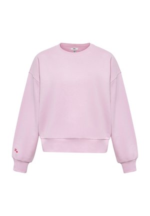 Light pink crewneck sweatshirt with long sleeves and ribbed cuffs, featuring a small red "M" and heart embroidery on the left sleeve cuff.