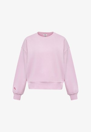 Light pink crewneck sweatshirt with long sleeves and ribbed cuffs, featuring a small red "M" and heart embroidery on the left sleeve cuff.