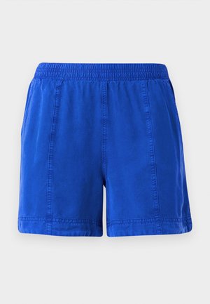 Blå bomullsshorts med elastisk midjebånd, sidelommer og sydd sømmer, med en glatt tekstur og uformell design.