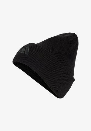 Schwarze gestrickte Mütze mit umgeschlagenem Saum und dezentem schwarzem Adidas-Logo vorne vor weißem Hintergrund.