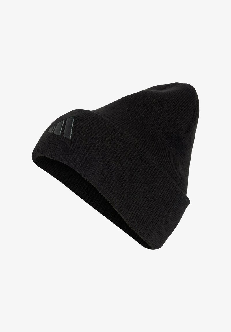 Bonnet noir en tricot avec revers et logo Adidas noir discret à l'avant sur fond blanc.