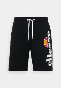 Shorts de sport en coton noir avec cordon blanc, poches latérales et logo ellesse en blanc et orange sur le côté gauche.
