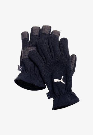 Gants bleu marine avec une finition texturée, présentant un design sans doigts. Les accents incluent une sangle grise et un logo blanc sur le poignet.