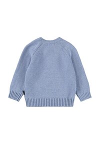 Jasnoniebieski sweter z dzianiny z długimi rękawami, ściągaczami przy mankietach i u dołu, oraz designem raglanowym. Miękka faktura z subtelnym, jednolitym wzorem.