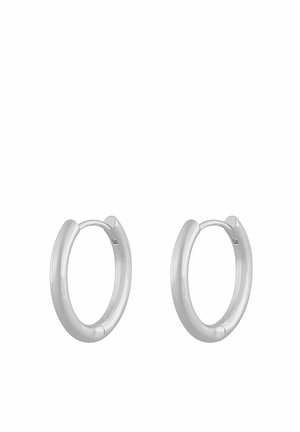 Pair of polished silver small hoop earrings with hinge clasps on a white background.