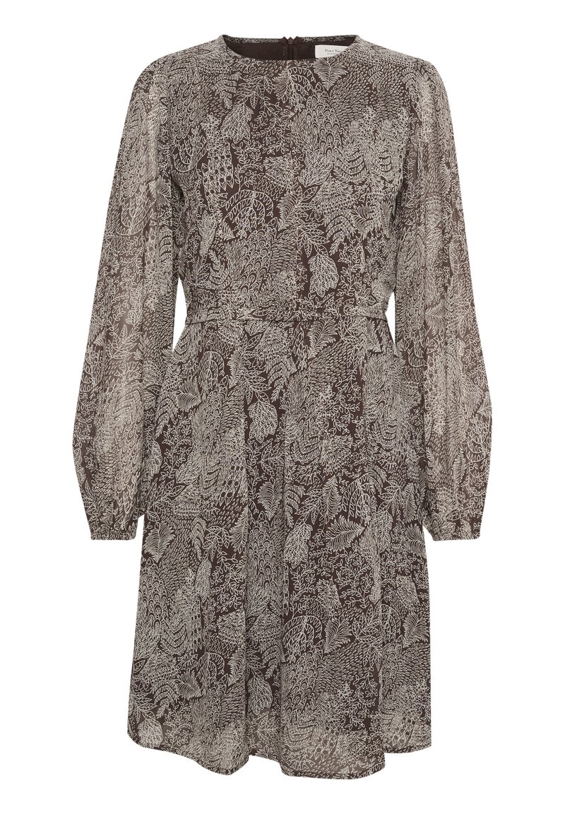 Braun gemustertes Kleid mit langen Ärmeln, das ein aufwendiges weißes botanisches Design, einen runden Ausschnitt und eine taillierte Taille mit leichtem Ausstellen bietet.