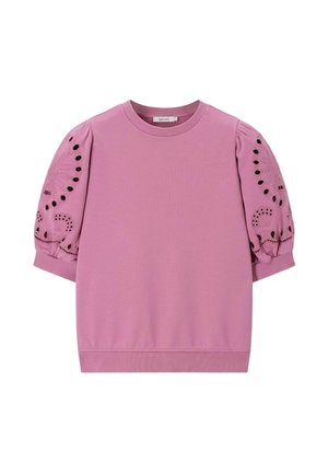 Pull lavande à manches courtes avec manches bouffantes, motifs floraux découpés brodés, col et bas côtelés.