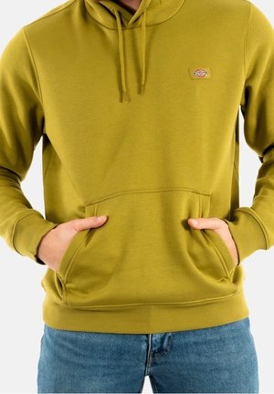 Person wearing olive green hoodie with front pocket and Dickies logo on chest, hands inside pocket, paired with blue jeans.