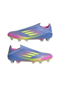 Lightweight soccer cleats with a blue upper, pink accents, and yellow stripes. Features a streamlined design and transparent studs.