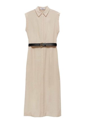 Beige sleeveless dress with a collared neckline, featuring a front zipper and a black leather belt at the waist. Smooth texture and simple design.