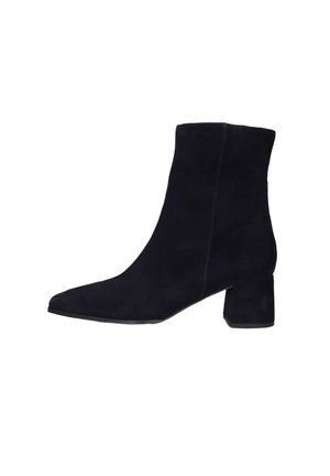 Black suede ankle boot with pointed toe and low block heel, side view on white background.