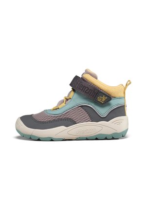 Kinder High-Top-Sneaker in Grau, Blau und Gelb mit Klettverschluss, Mesh- und synthetischem Obermaterial und gepolsterter Sohle mit strukturiertem Grip.