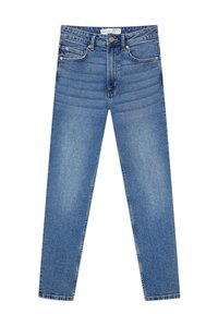 Siniset farkut, joissa on kapea istuvuus, viisi taskua ja nepparikiinnitys, hillityllä haalistuksella ja suoralinjaisella lahkeella.