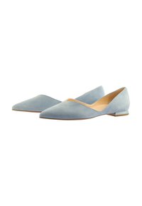 Blue suede flat shoes with a pointed toe, open side design, and a small transparent heel; smooth texture, simple aesthetic.