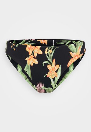 Blomstrete bikini-bunn med klare oransje og grønne tropiske motiver på svart bakgrunn; laget av glatt, elastisk stoff.