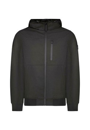Zwarte ritssluiting jas met capuchon, gemaakt van zacht, getextureerd stof. Voorzien van een borstzak en geribbelde manchetten en zoom voor een aangesloten uitstraling.