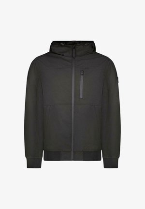 Zwarte ritssluiting jas met capuchon, gemaakt van zacht, getextureerd stof. Voorzien van een borstzak en geribbelde manchetten en zoom voor een aangesloten uitstraling.