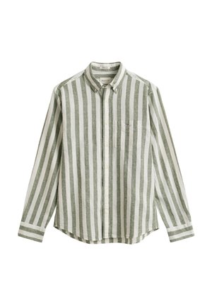 Langärmeliges Hemd mit durchgehender Knopfleiste, vertikalen olivgrünen und weißen Streifen, Brusttasche und geknöpftem Kragen.