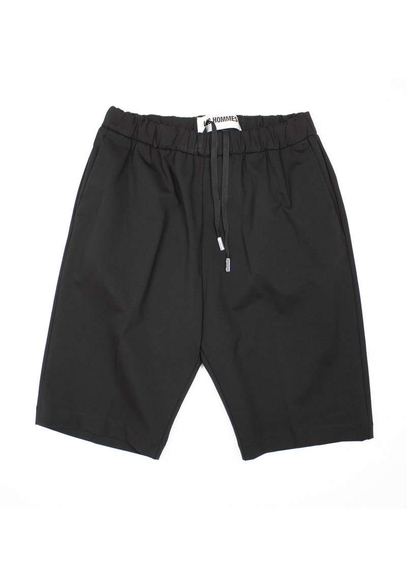 Zwarte shorts gemaakt van zachte stof met een elastische tailleband en trekkoord. Heeft zijzakken en een relaxed fit. Geen zichtbare patronen.