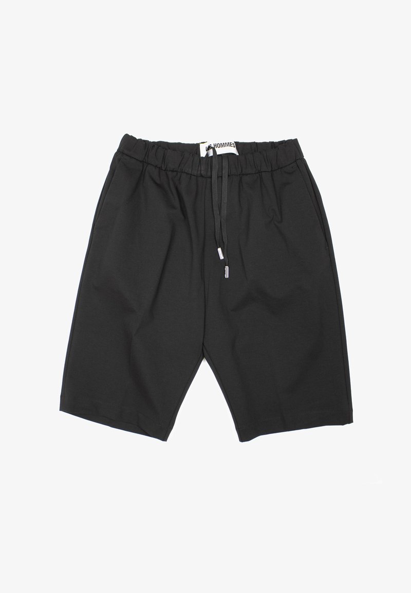 Zwarte shorts gemaakt van zachte stof met een elastische tailleband en trekkoord. Heeft zijzakken en een relaxed fit. Geen zichtbare patronen.