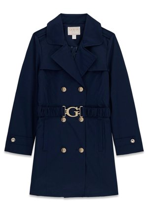 Navy blue double-breasted trench coat with gold buttons, a belted waist featuring a gold "G" buckle, and long sleeves with buttoned cuffs.