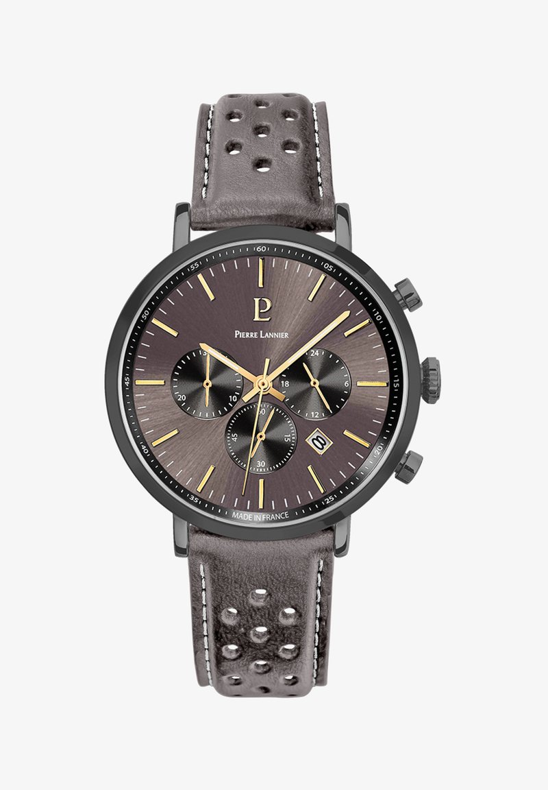 Montre chronographe avec un bracelet en cuir gris foncé perforé, boîtier en métal noir, cadran texturé marron et accents dorés.