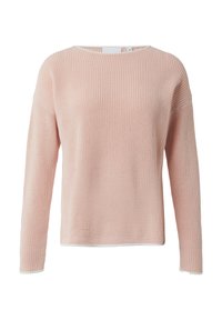 Light pink knitted sweater with a loose fit, round neckline, and long sleeves. Features ribbed texture and white trim at the hem and cuffs.