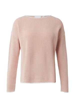 Helle rosa gestrickter Pullover mit lockerer Passform, rundem Ausschnitt und langen Ärmeln. Verfügt über eine gerippte Textur und weiße Akzente am Saum und an den Ärmeln.
