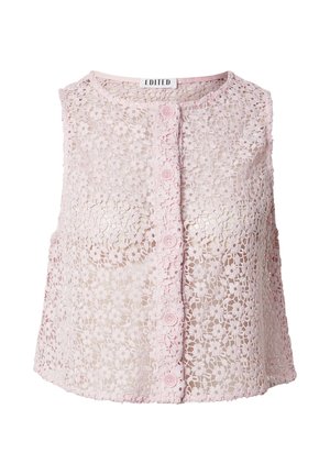 Ärmelloses, hellrosa Spitzen-Crop-Top mit Blumenmuster und vorderer Knopfleiste, mit der Marke "EDITED" am Halsausschnitt.