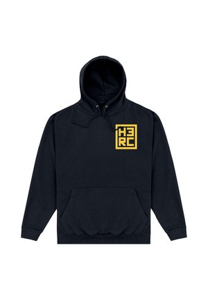 Sweat à capuche noir avec poche avant et logo carré jaune affichant le mot « HERC » en lettres blocs stylisées sur la poitrine gauche.