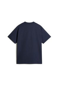 Camiseta de algodón azul marino, de mangas cortas, cuello redondo, textura suave, diseño liso, vista trasera, sin patrones ni elementos visibles.