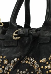 Borsa a mano in pelle nera con embellissements oro e argento, motivi floreali e una tracolla con dettagli in metallo dorato.