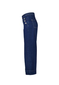 Denim jeans met een rechte pijp, donkerblauwe kleur, vijfknoopssluiting aan de zijkant en een enkele achterzak. Licht opgerolde zoom.