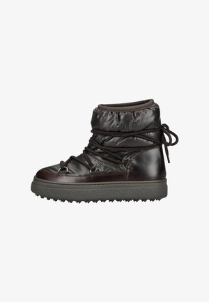 Bruine, puffy enkelboot met een glad leren afwerking, vetersluiting en een textuur rubberen zool. Beschikt over een verzamelde kraag en veterogen.