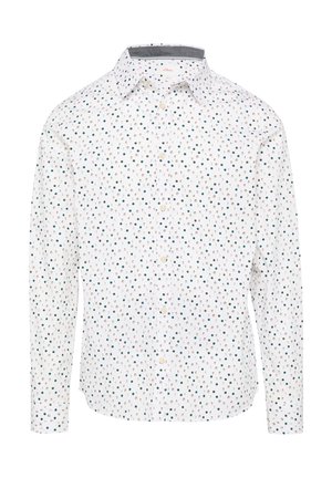 Witte button-up shirt met een verspreid patroon van meerkleurige stippen in groen en goud. Bevat een klassieke kraag en lange mouwen.