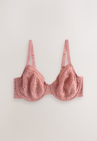 Reggiseno rosa in pizzo con ferretto, spalline regolabili e motivo floreale, mostrato disteso su uno sfondo neutro.