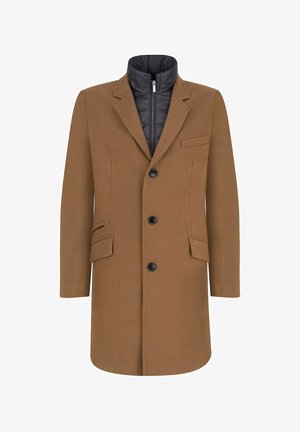 Brązowy płaszcz z wełny z dekoltem typu notched, jednoszeregowy przód, trzy guziki oraz odpinana czarna pikowana podszewka.