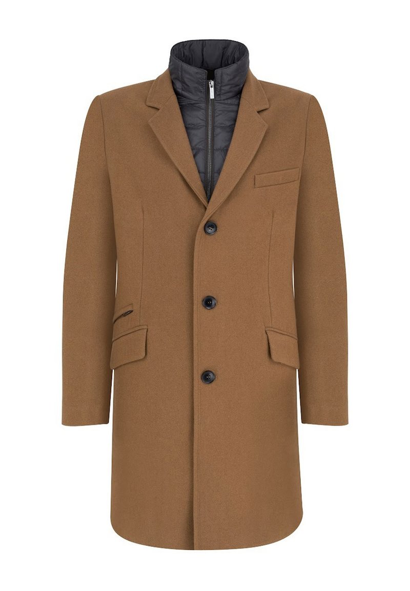 Brązowy płaszcz z wełny z dekoltem typu notched, jednoszeregowy przód, trzy guziki oraz odpinana czarna pikowana podszewka.