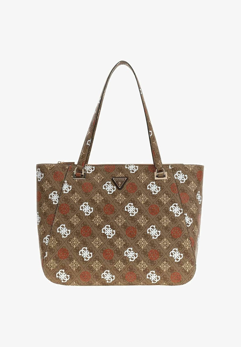 Sac fourre-tout marron avec un motif géométrique blanc et orange, texture lisse et logo bien visible sur le devant.