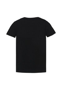 T-shirt nera a maniche corte in cotone, con un design classico a girocollo, dalla texture liscia e senza grafiche o decorazioni.