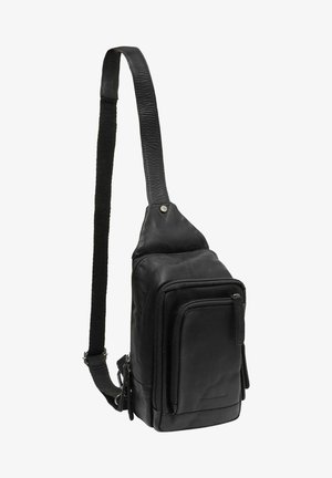 Borsa a tracolla in pelle nera con tracolla testurizzata, dotata di un principale scomparto con zip, tasca frontale e finitura liscia, ideale per un'archiviazione compatta.