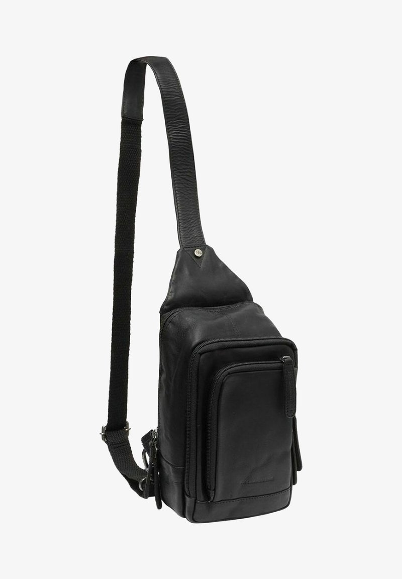 Borsa a tracolla in pelle nera con tracolla testurizzata, dotata di un principale scomparto con zip, tasca frontale e finitura liscia, ideale per un'archiviazione compatta.