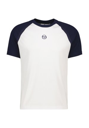 Witte shirt met korte mouwen en marineblauwe raglanmouwen. Voorzien van een ronde hals en een klein logo gecentreerd op de borst. Soepele textuur.