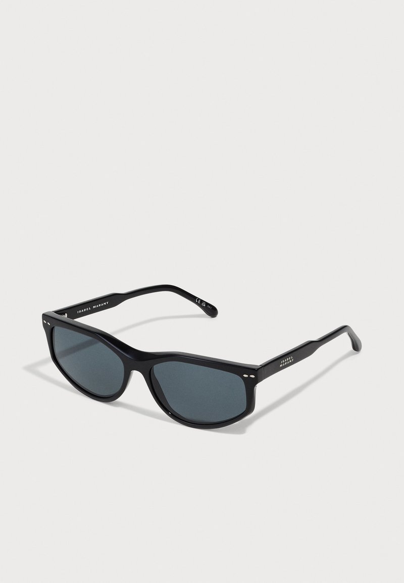 Black sunglasses with a geometric design, featuring dark tinted lenses and subtle metallic accents on the temples. Durable plastic frame.