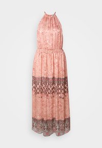 Robe maxi rose sans manches avec col halter, taille élastique, motif floral et bandes horizontales décoratives près de l'ourlet.
