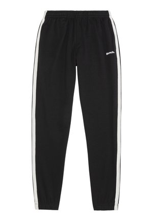 Schwarze Sweatpants mit elastischem Bund, mit weißen Seitenstreifen und einem kleinen Logo auf der Vorderseite. Weicher Stoff mit lockerem Sitz.