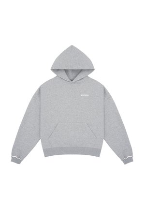 Grijze hoodie gemaakt van zacht materiaal, met een voorkoct, geribbelde manchetten en een minimalistisch logo op de borst.