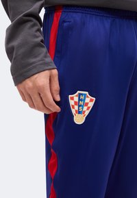 Χέρι δίπλα σε μπλε αθλητικό παντελόνι με κόκκινες ρίγες και σήμα που φέρει καρό μοτίβο, γράμματα HNS και μια χρυσή ποδοσφαιρική μπάλα.