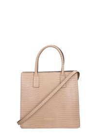 Borsa in ecopelle coccodrillo beige con due manici superiori e una tracolla removibile. Presenta dettagli del logo sottili alla base.