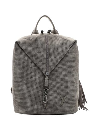 Gray perforated leather backpack with front zipper closure, top handle, and decorative side tassels.